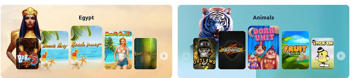 Casino game category banners for Egypt and Animals themes, featuring illustrated characters, slot thumbnails, and carousel navigation arrows on light pastel backgrounds.