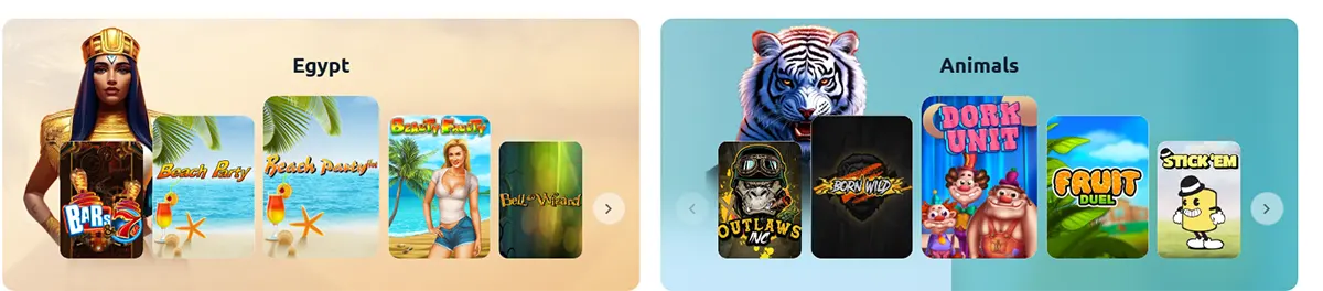 Casino game category banners for Egypt and Animals themes, featuring illustrated characters, slot thumbnails, and carousel navigation arrows on light pastel backgrounds.