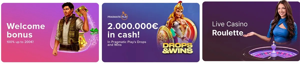Casino promo banners featuring a welcome bonus offer, a Pragmatic Play Drops & Wins cash prize campaign, and a live casino roulette promotion with a female presenter.