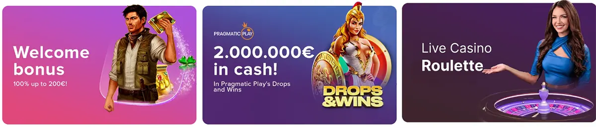 Casino promo banners featuring a welcome bonus offer, a Pragmatic Play Drops & Wins cash prize campaign, and a live casino roulette promotion with a female presenter.