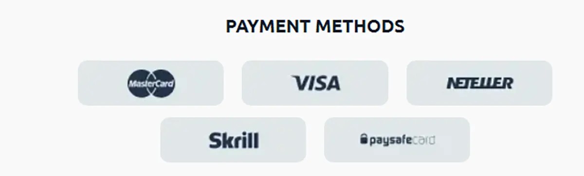 Payment methods section displaying Mastercard, Visa, Neteller, Skrill, and Paysafecard logos on a light background.