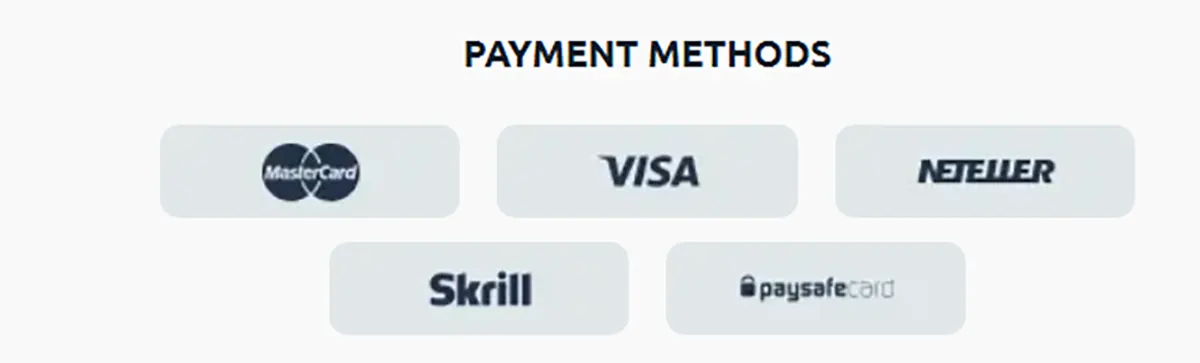 Payment methods section displaying Mastercard, Visa, Neteller, Skrill, and Paysafecard logos on a light background.