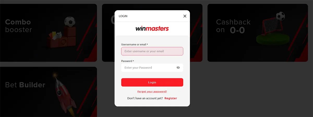 Winmasters login popup with username or email and password fields, a red login button, forgot password link, and register prompt over a dark sportsbook background.