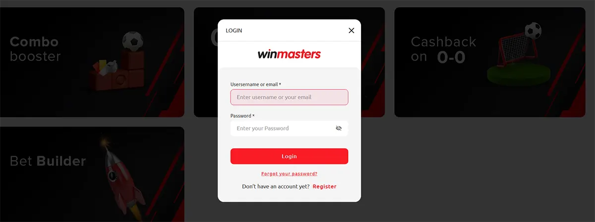 Winmasters login popup with username or email and password fields, a red login button, forgot password link, and register prompt over a dark sportsbook background.